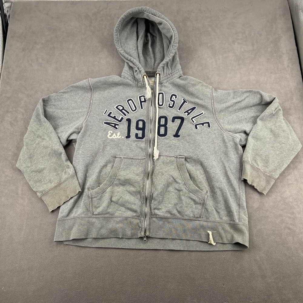 Vintage Y2K Aeropostale Hoodie Sz 2XL Gray Fleece Lined Embroidered Logo